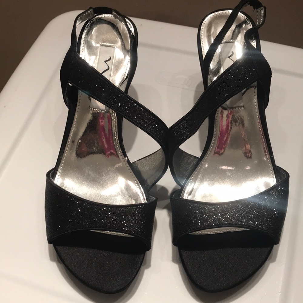 Nina evening shoe, bridesmaid black glitter heels